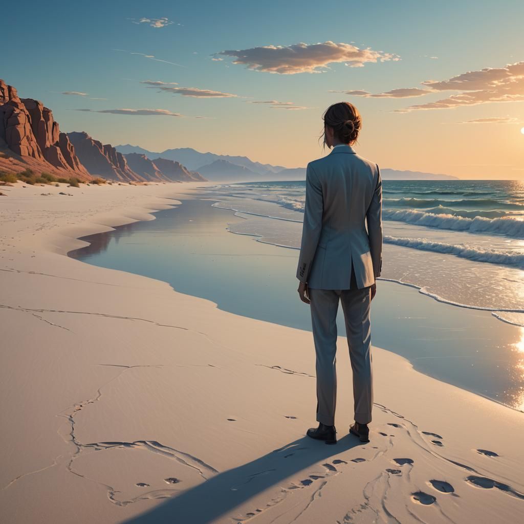 Desert Shoreline Woman in Suit, Matte Painting Style