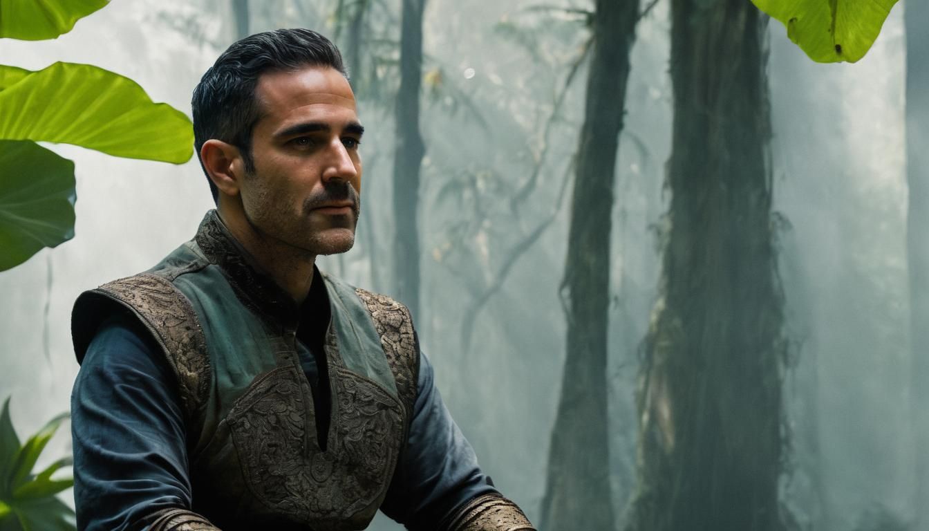 Stone Statue Meditating in Jungle: Cinematic Film Still