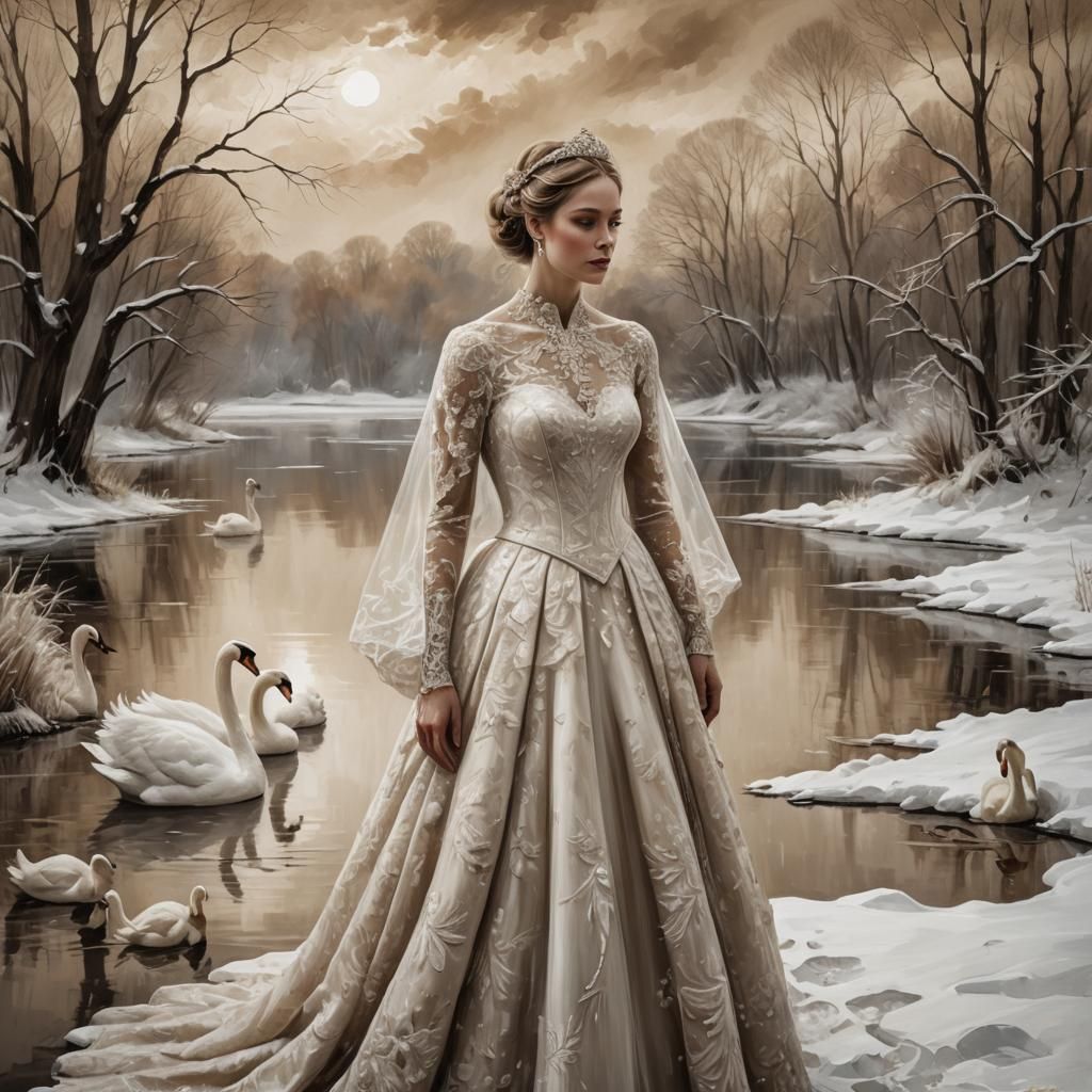 Monochrome Bride in Winter Landscape: Impressionistic Oil Pa...