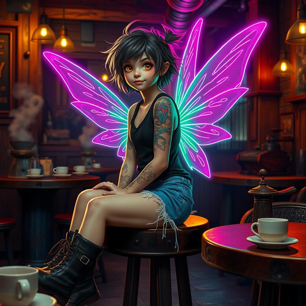Fairy in Coffee Shop with Neon Wings