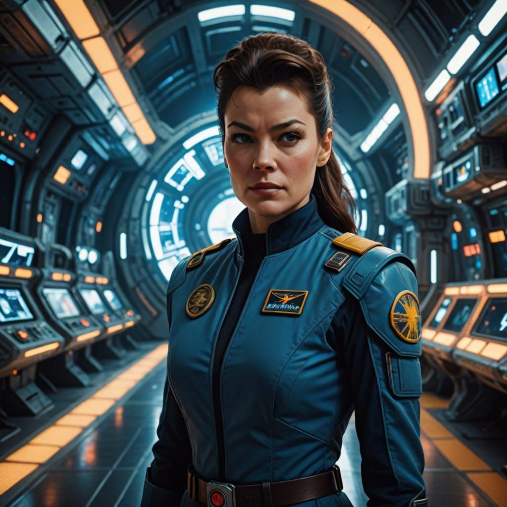 Ethereal Starfleet Officer in Retro Futuristic Blue Uniform