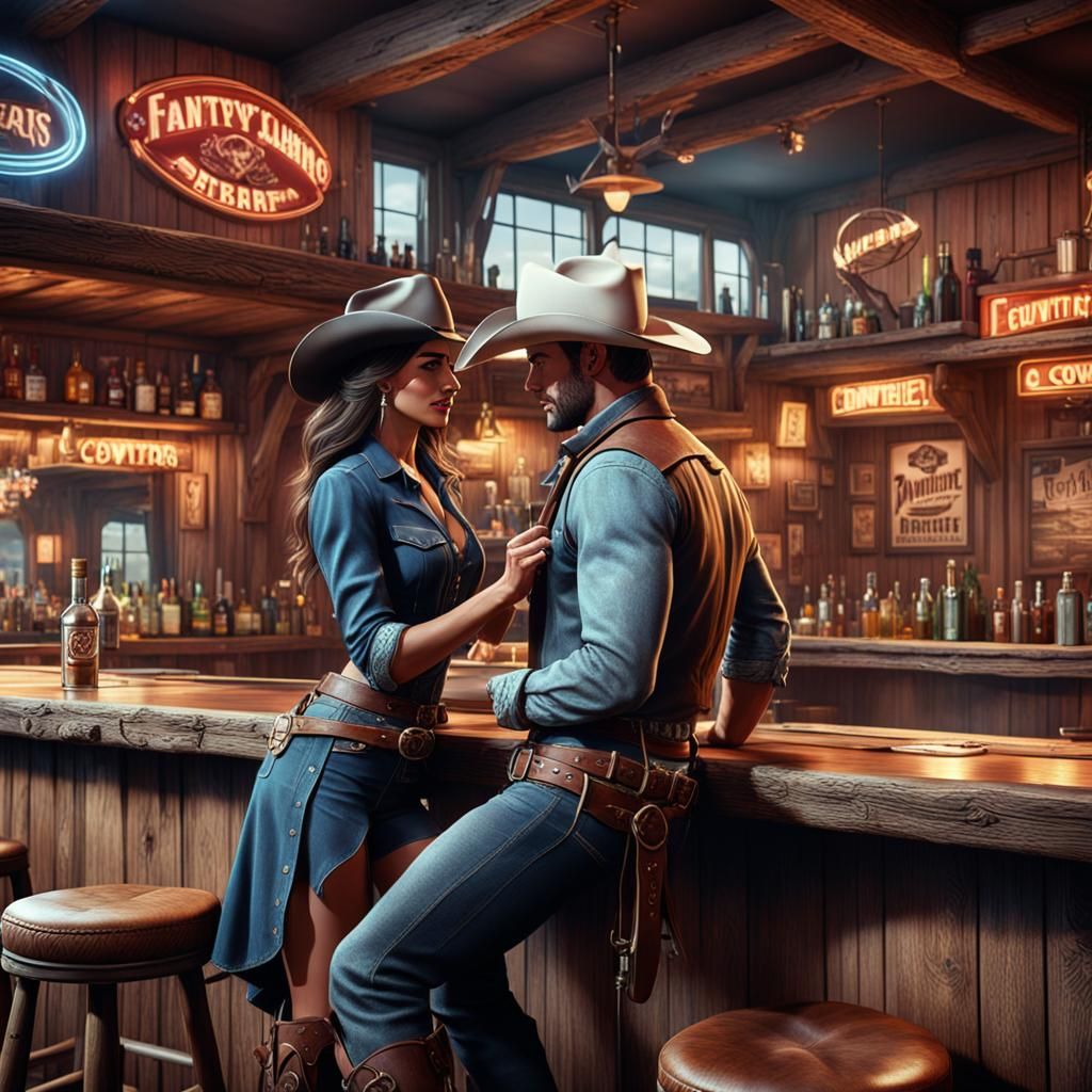 Cowboy and Cowgirl Flirting in Country Bar