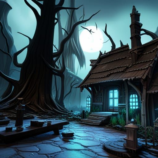 Enchanted Witch's Cottage in Dark Fantasy Style