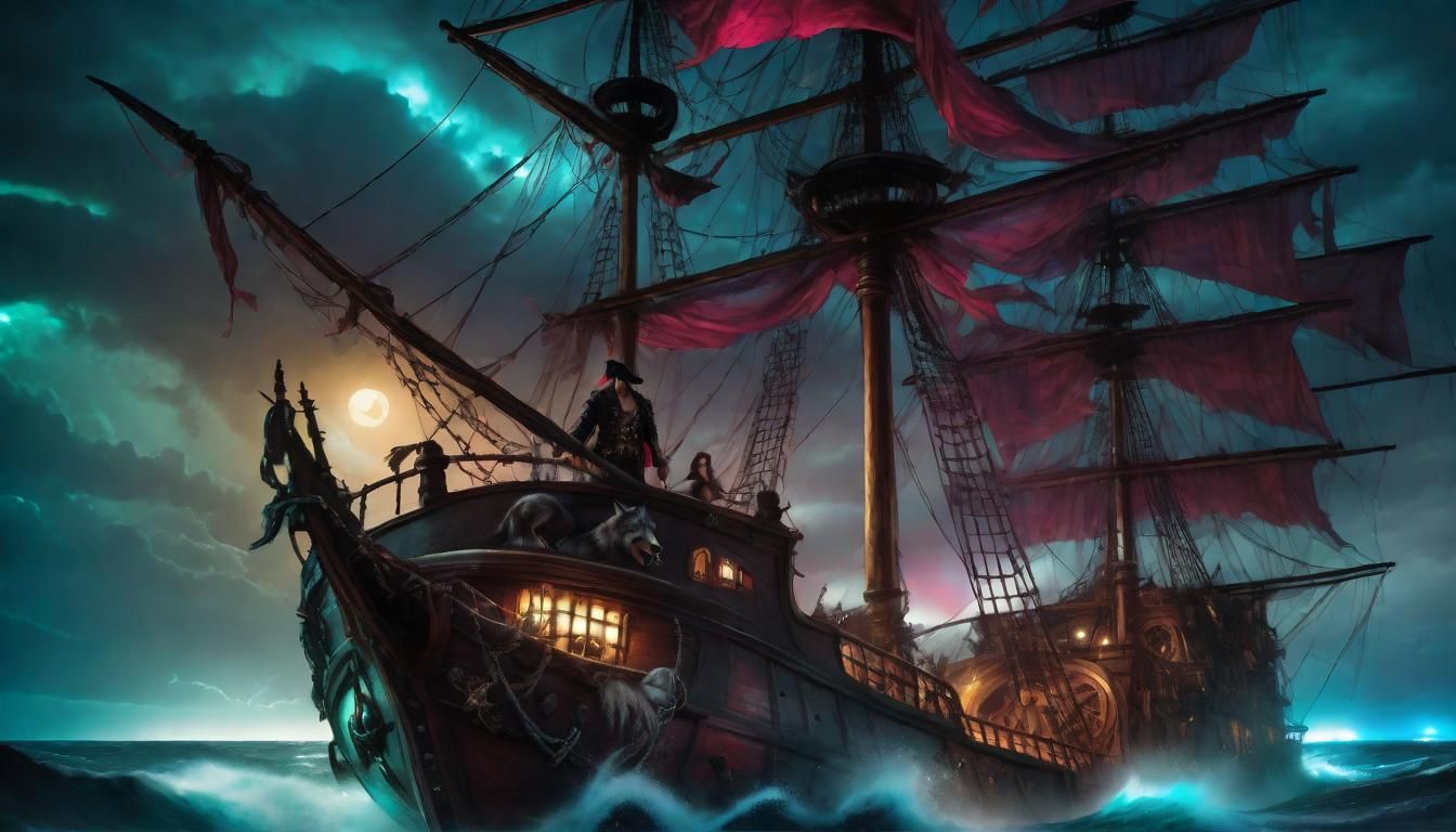 Wolf Pirate Captain on Stormy Ship, Hyperdetailed Art