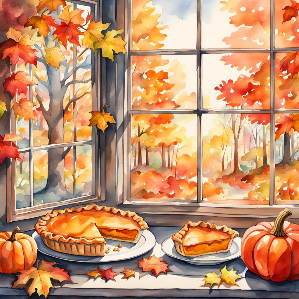 Apple and Pumpkin Pies in Autumnal Watercolor