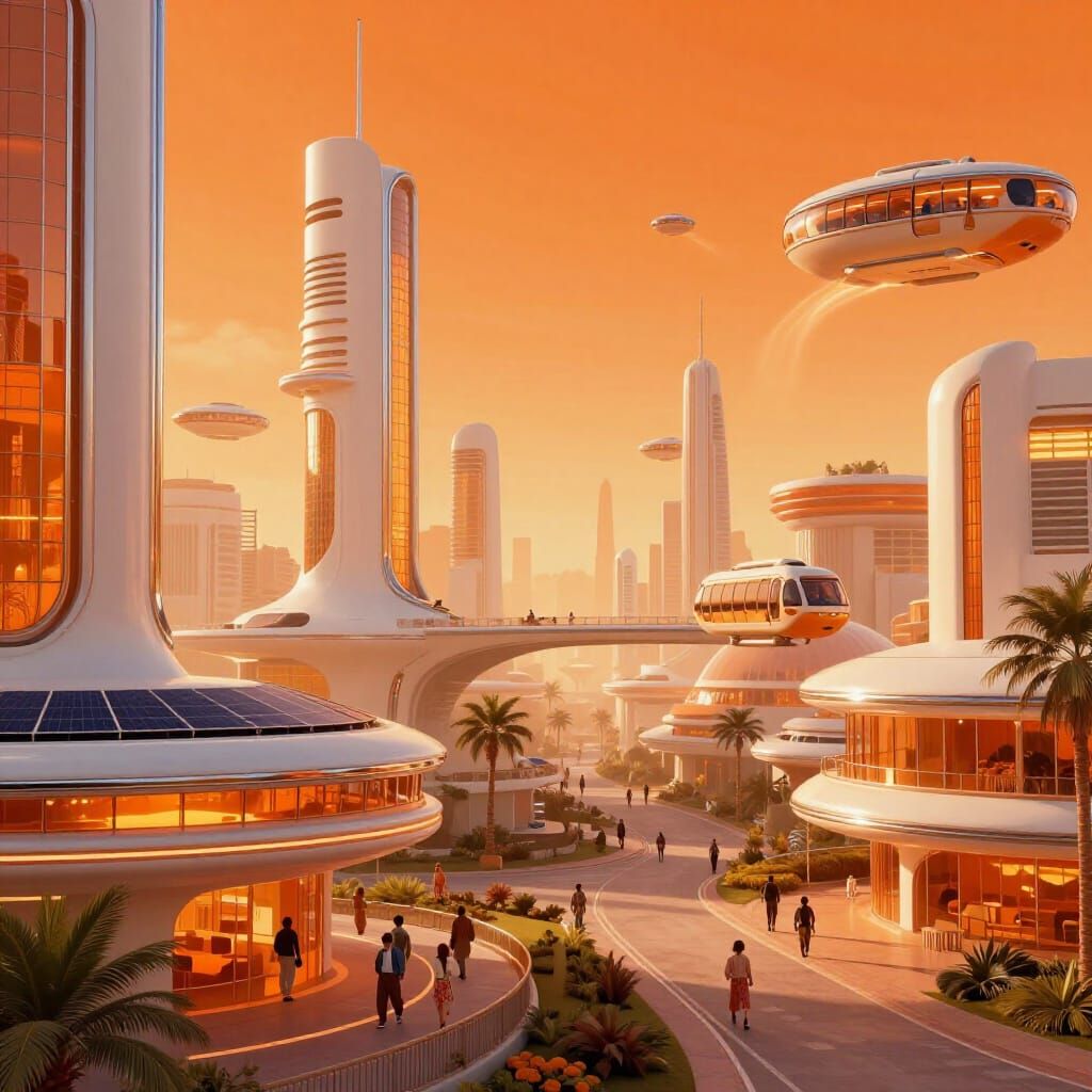 Retro-Futurist Utopian Cityscape at Golden Hour