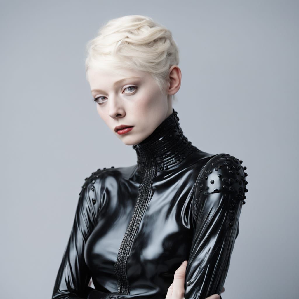 Albino Woman in Liquorice Latex Outfit
