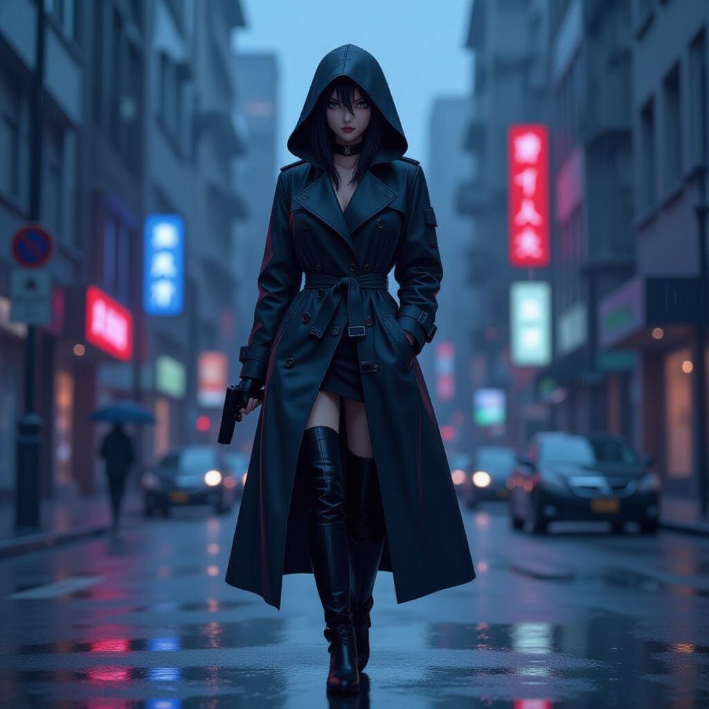 Edgy Anime Spy Girl on Rainy City Street