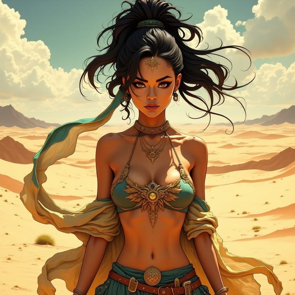 Mysterious Desert Goddess in Golden Harem Attire