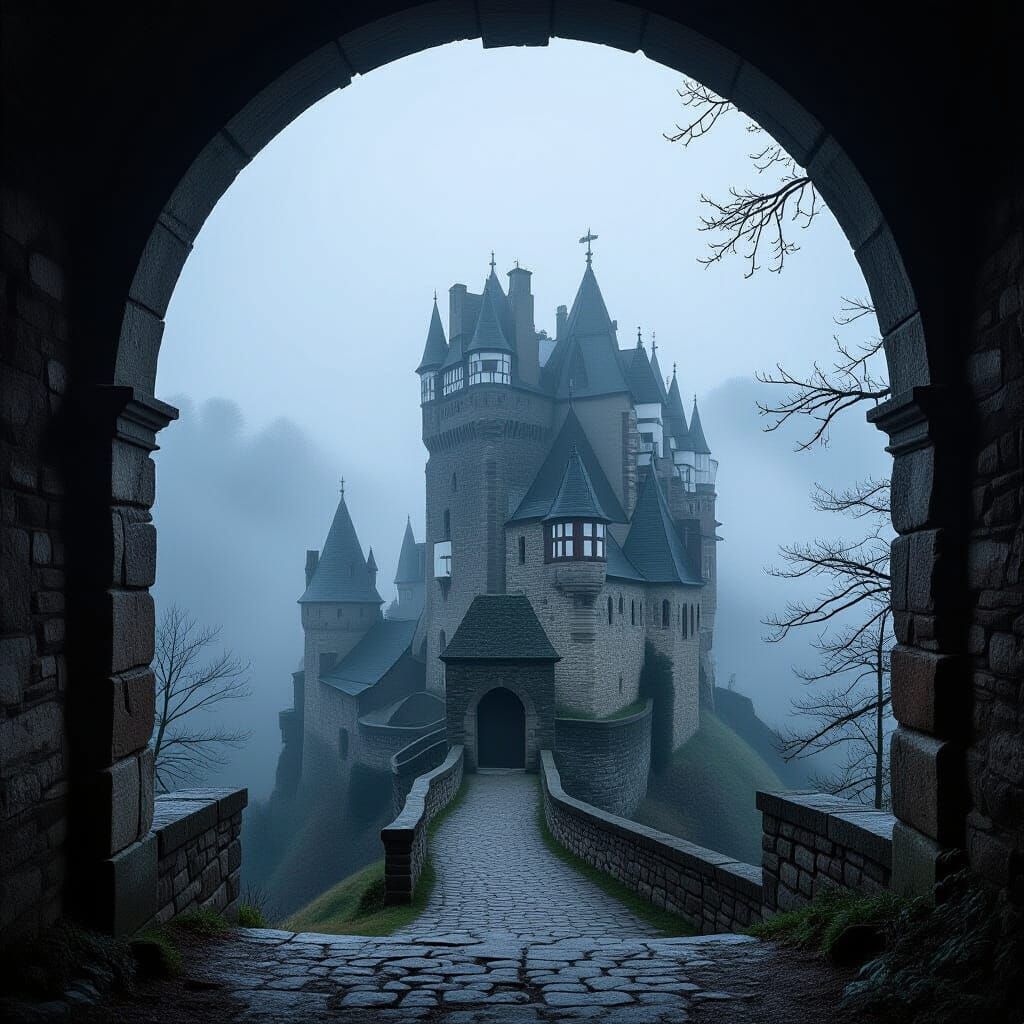 Mystical Castle Emerging Through Forest Mist
