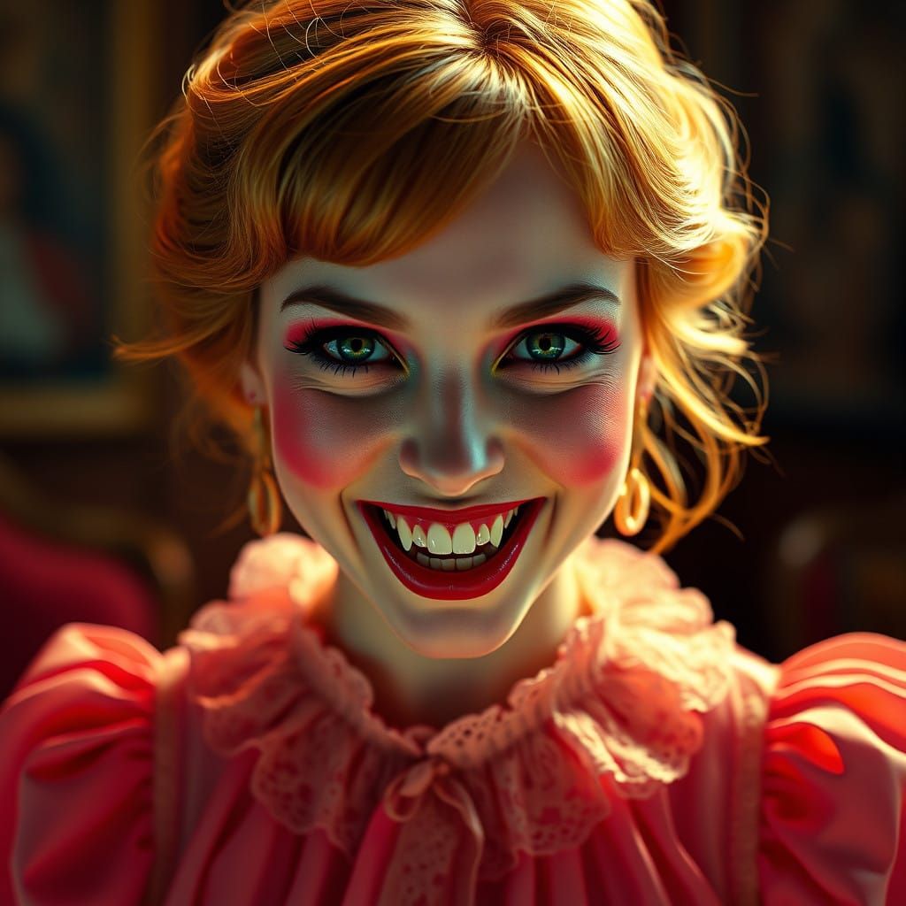 Woman in Whimsical, Cinematic Makeup and Frilly Dress with L...