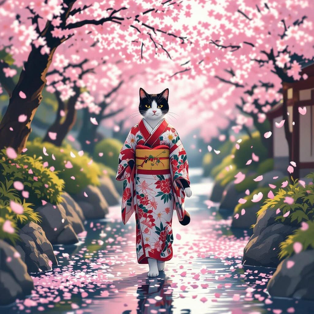 Ukiyo-e Cat in Silk Kimono Walking Cherry Blossom Path