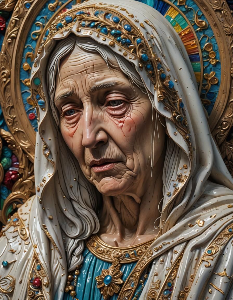 Detailed Carving of Weeping Virgin Mary in Splash Art