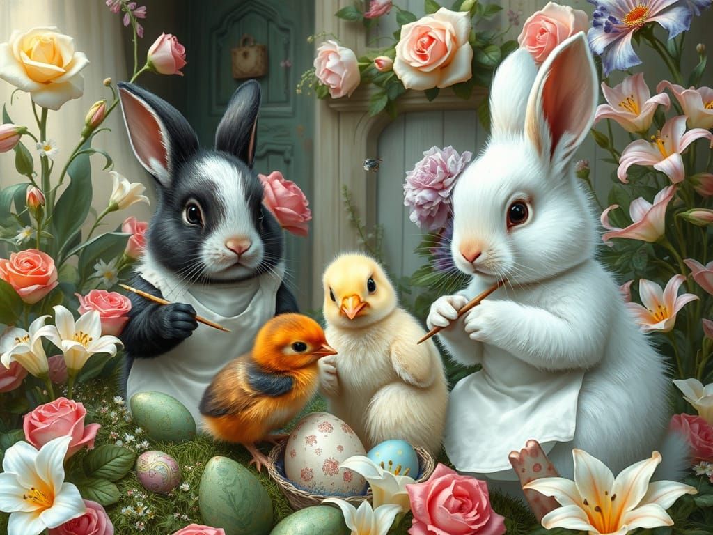 Easter Bunnies Painting Eggs in Fairytale World