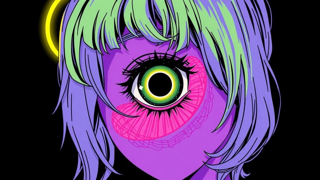 Cute Nymph with Glowing Halo and Blackhole in Eye, in Sumi I...