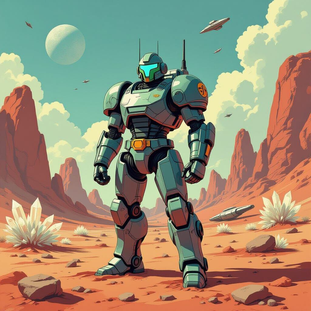 Robot Warrior on Alien Planet in Comic Style