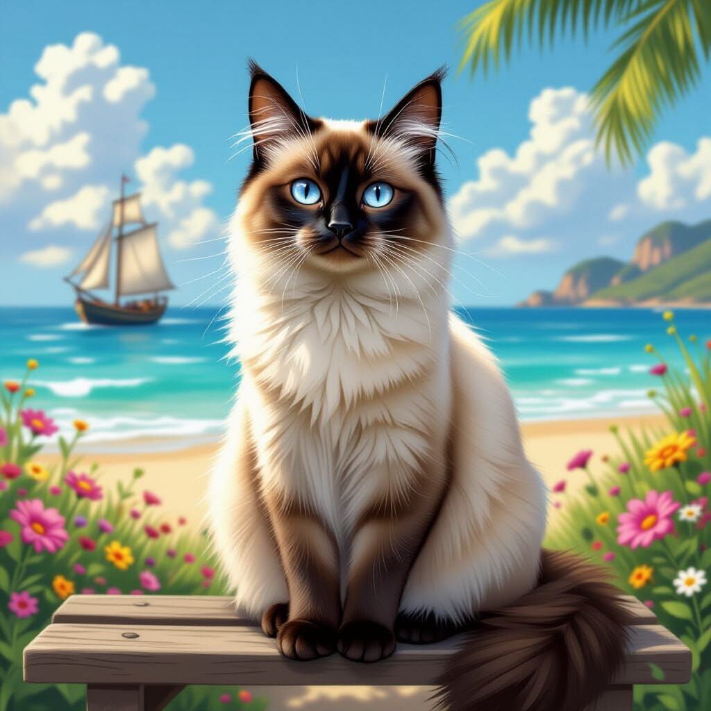 Siamese Cat on Bench with Beach View