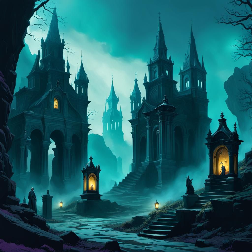 Gnostic Figures in Dark Fantasy Landscape