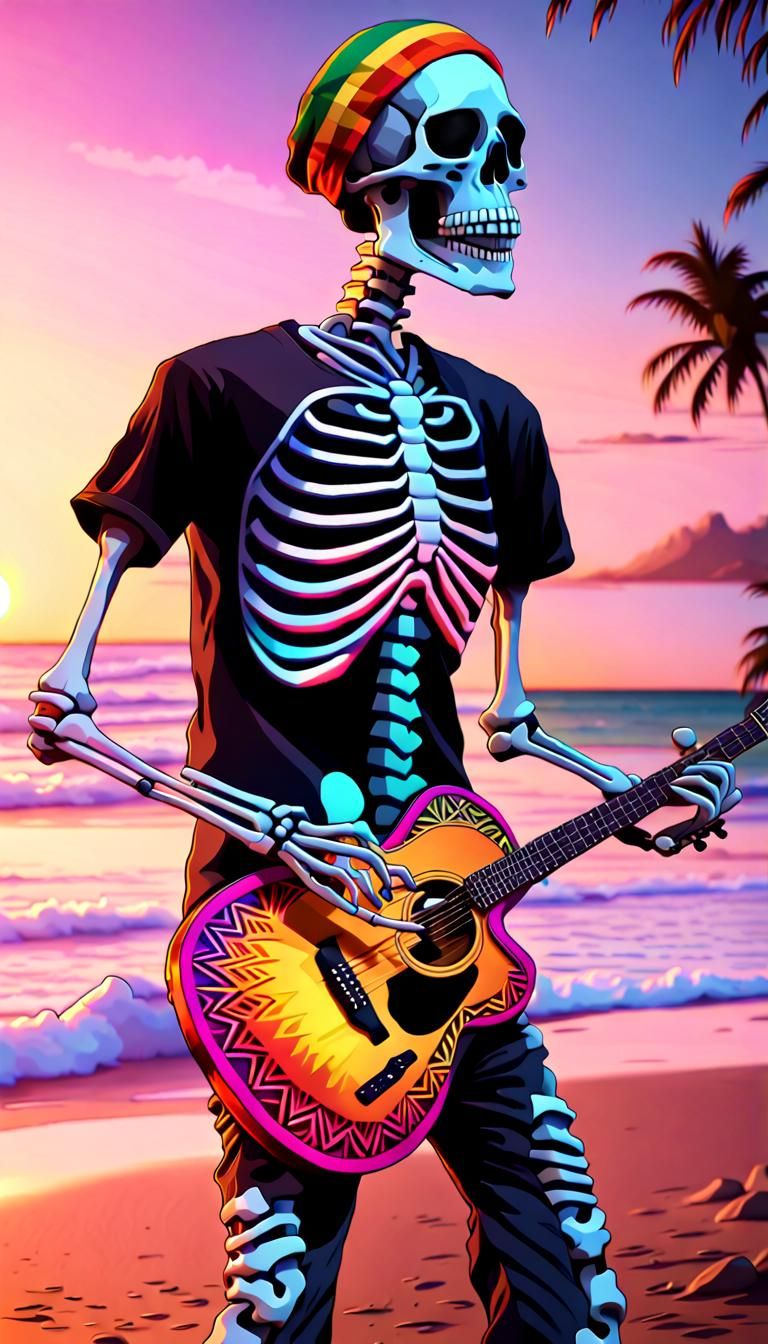 Vibrant Reggae Skeleton Serenades Beach Sunset