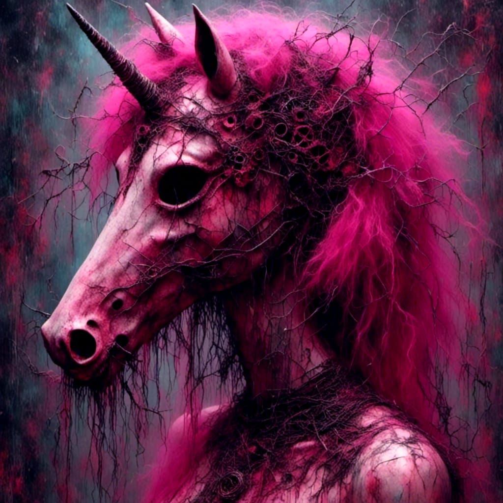 Pink Horror Mask Unicorn Girl in Dark Oil