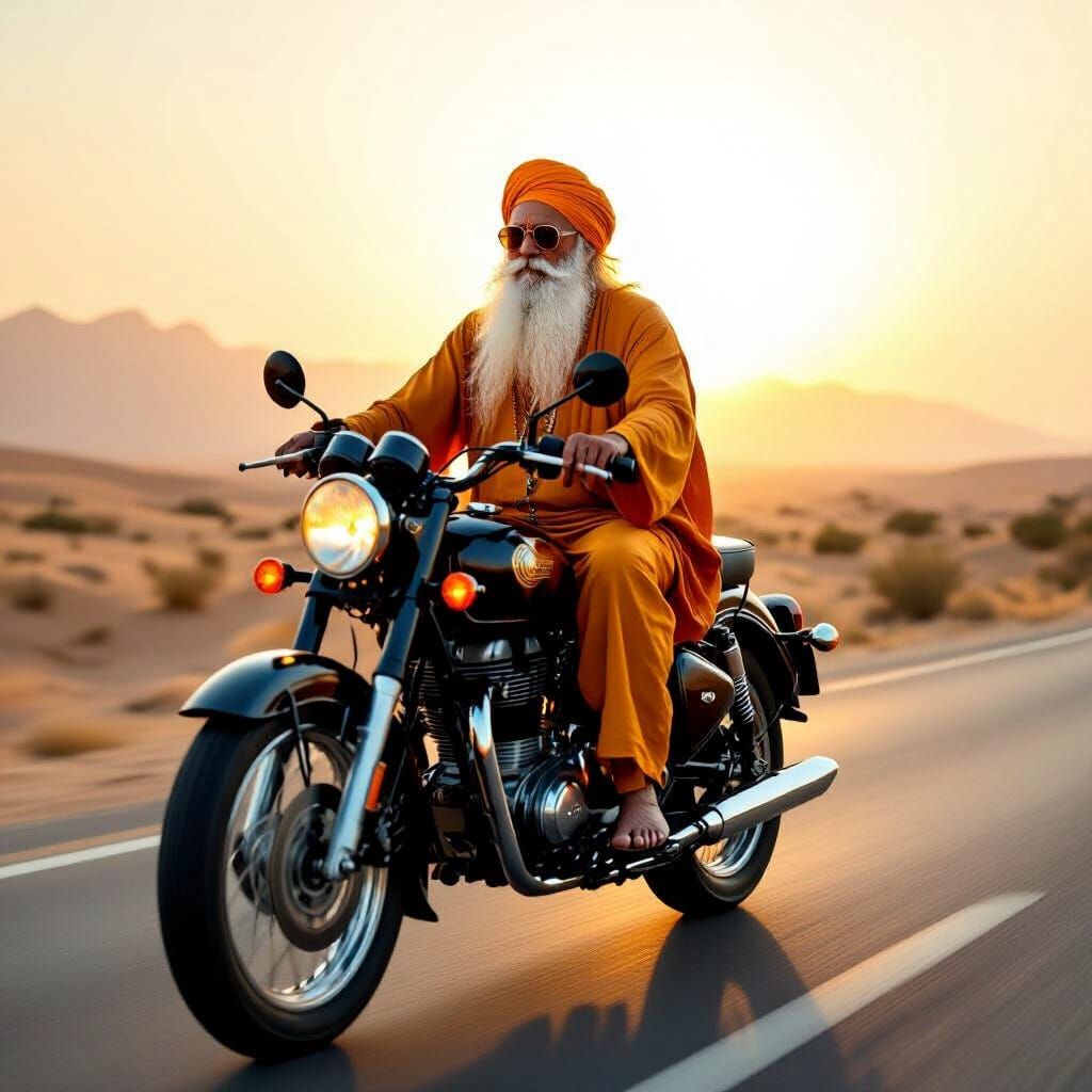 Spiritual Guru Rides Motorcycle on Desert Highway