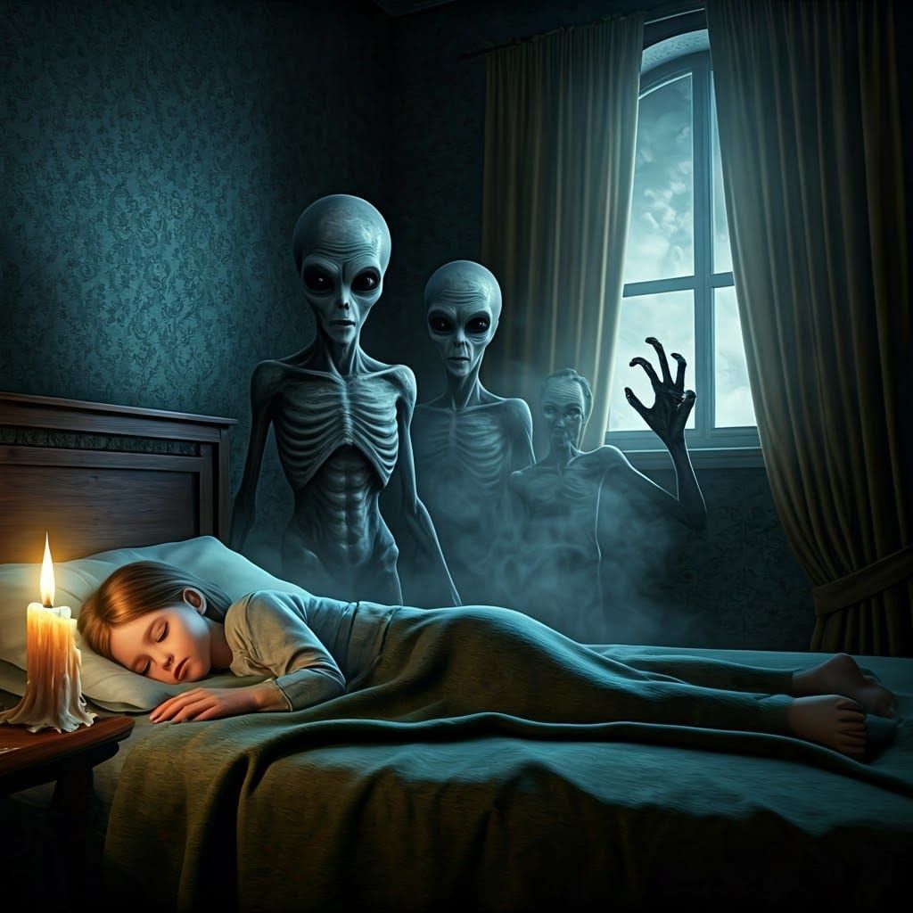 Eerie Bedroom Scene with Aliens and Ghostly Hand