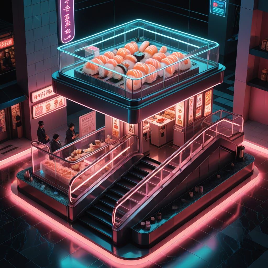 Surreal Escalator in Vaporwave Style, Hyperreal Detail