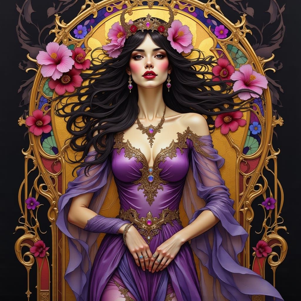 Gothic Fae Queen with Jewel Adornments and Floral Accents