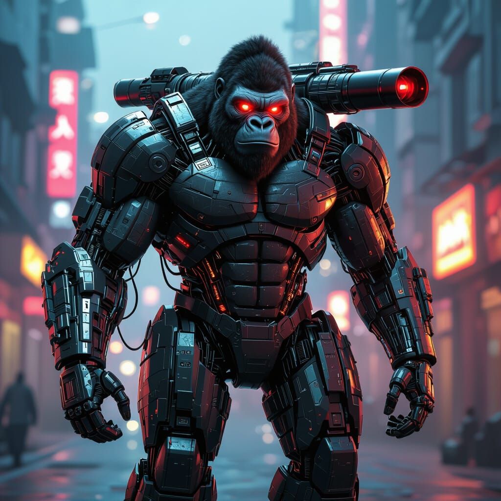 Futuristic Cyborg Gorilla in Dystopian City
