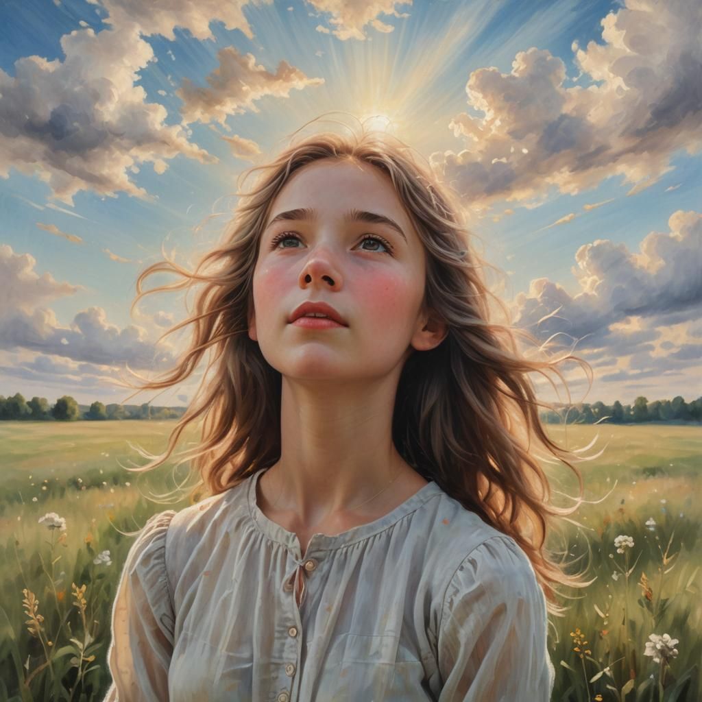 Ethereal Girl in Field: Soft Focus Oil Painting
