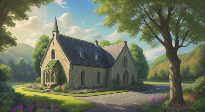EV Car Near Village Church in Digital Painting