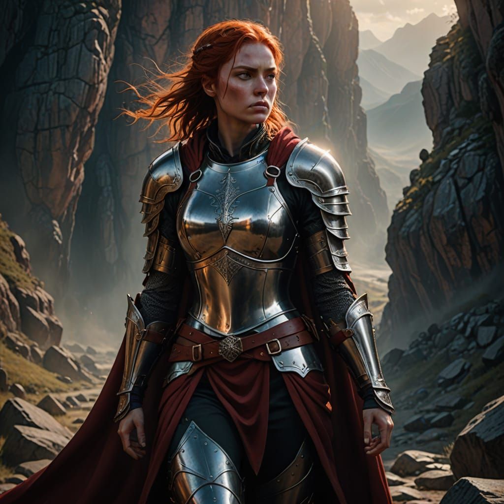 Epic Fantasy Warrior Woman in Red Armor Stands Tall in Rocky...