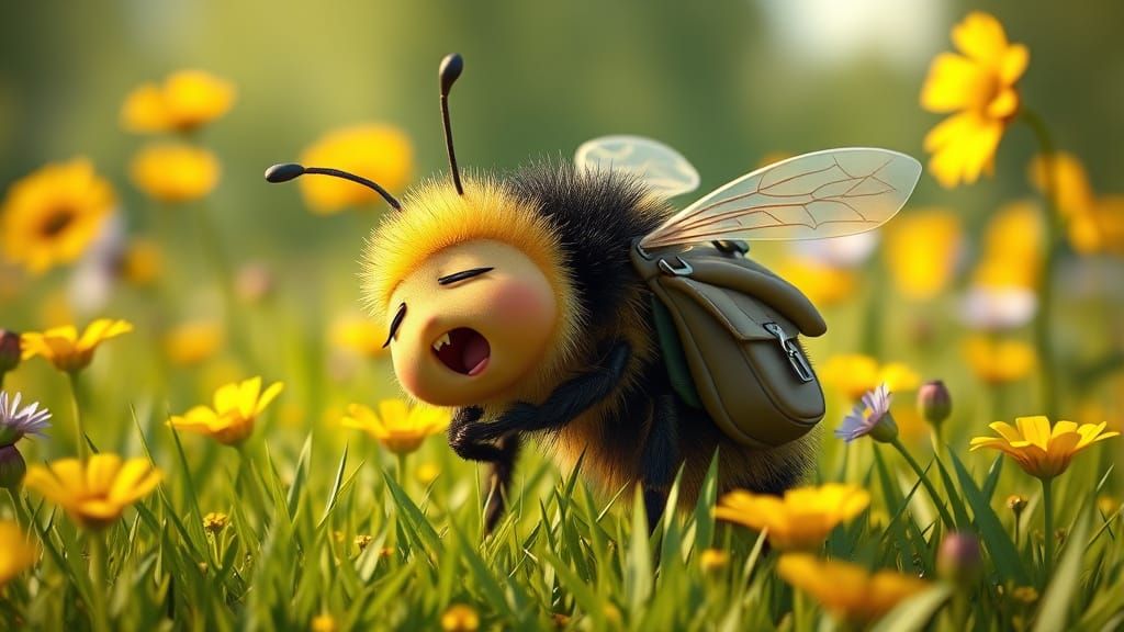 Sleepy Bumblebee with Backpack in Sunny Meadow