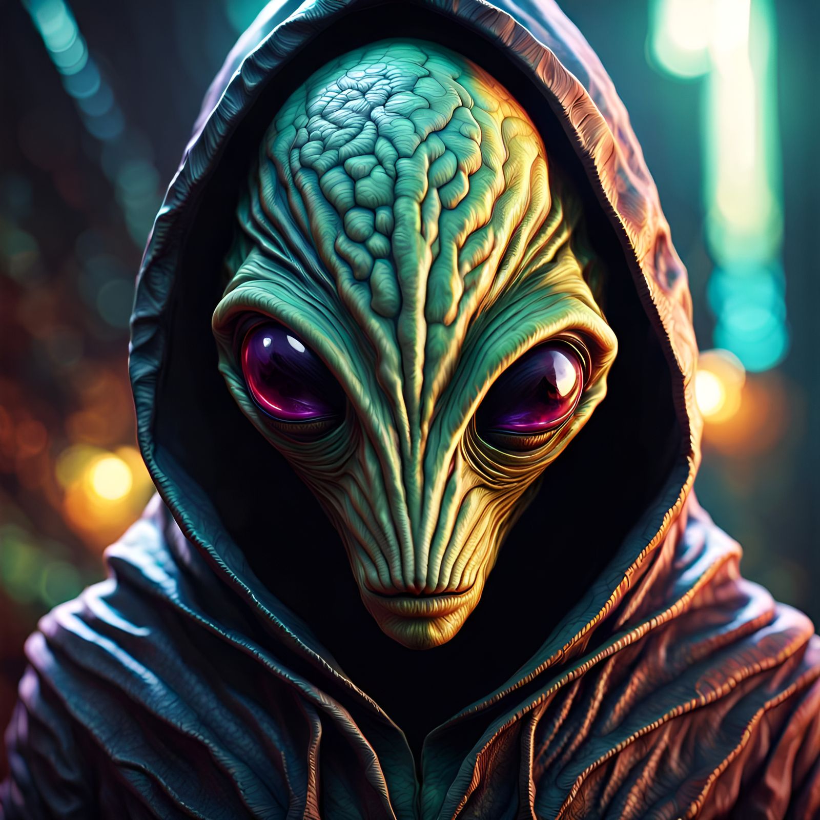 Hyperrealistic Hooded Alien in Cyberpunk Style