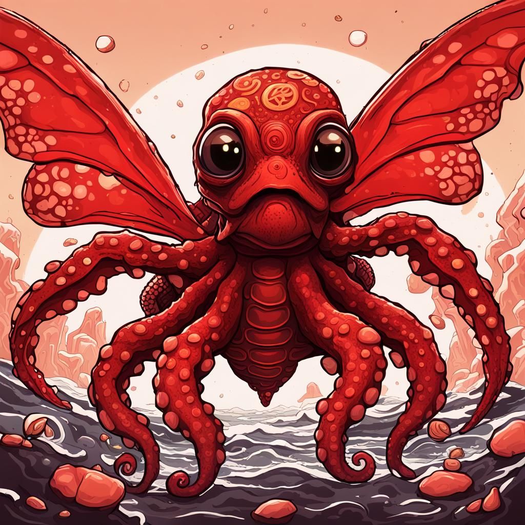 Furious Red Octopus-Butterfly Alien in Hyperrealistic Art
