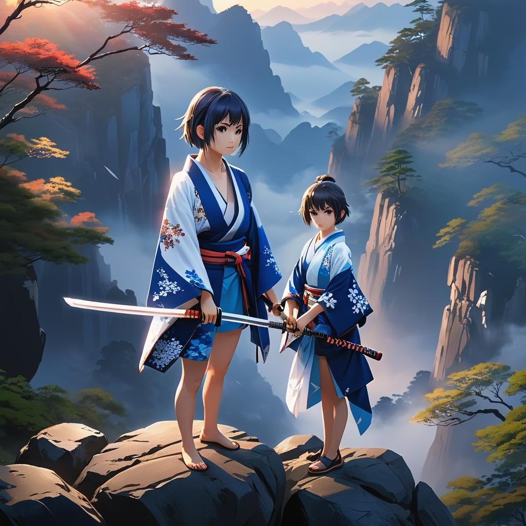 Anime Woman with Katana Overlooking Misty Forest