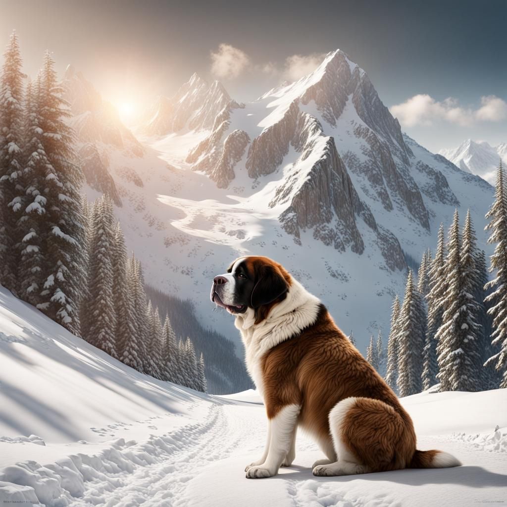 A Saint Bernard as a rescue dog in the swiss alps, mountains and snow, spruce trees, beautiful, hyper detailed, masterpi...