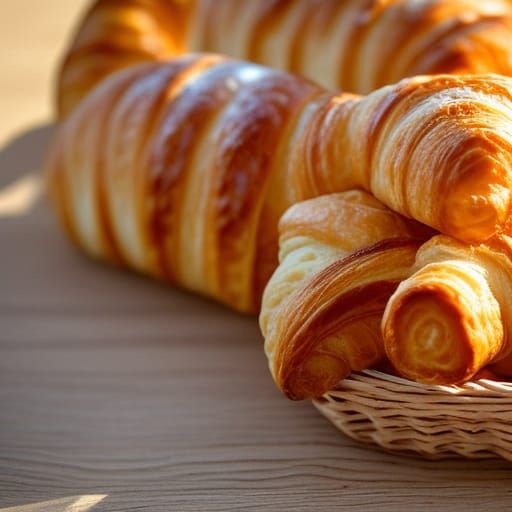 Buttery Croissants on Sun-Drenched Patio, Detailed Food Art