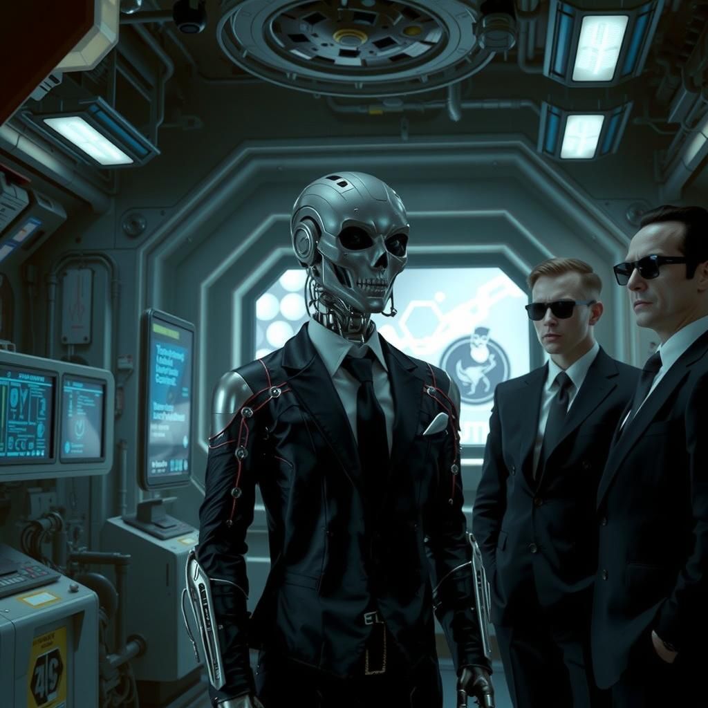 Android Confronts Men in Black in Futuristic Noir Setting