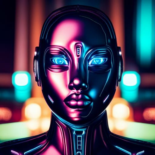Cyborg Girl Portrait in Neon City at Night