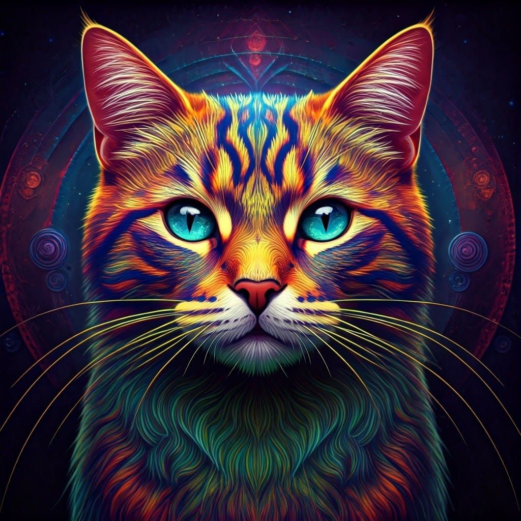 Cosmic Fractal Cat in Psychedelic Mixed Media Style
