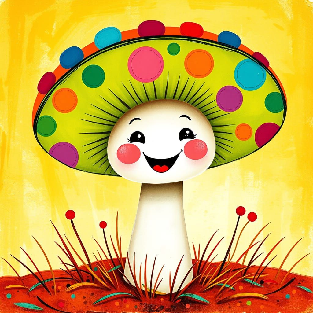 Happy Mushroom in Sombrero: Children's Book Illustration