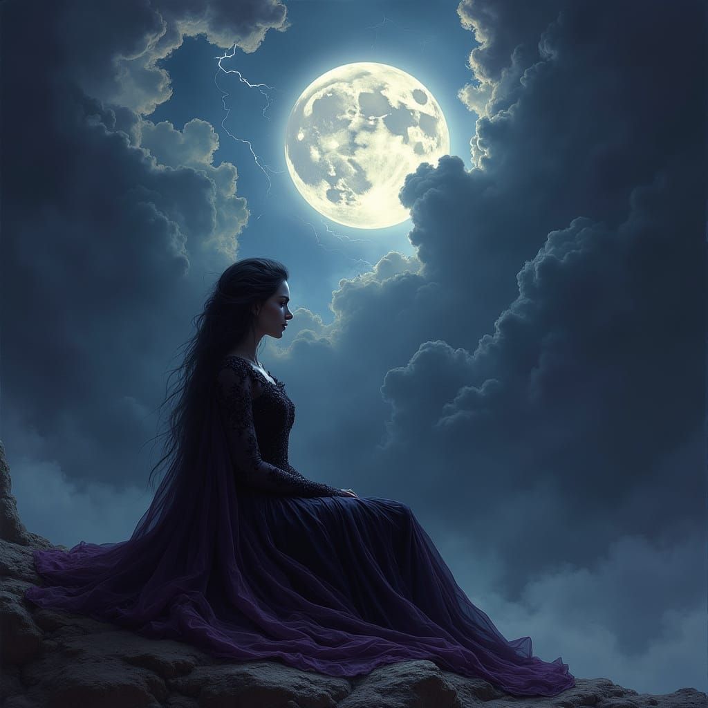 Gothic Princess Kneeling Under Moonlit Stormy Sky