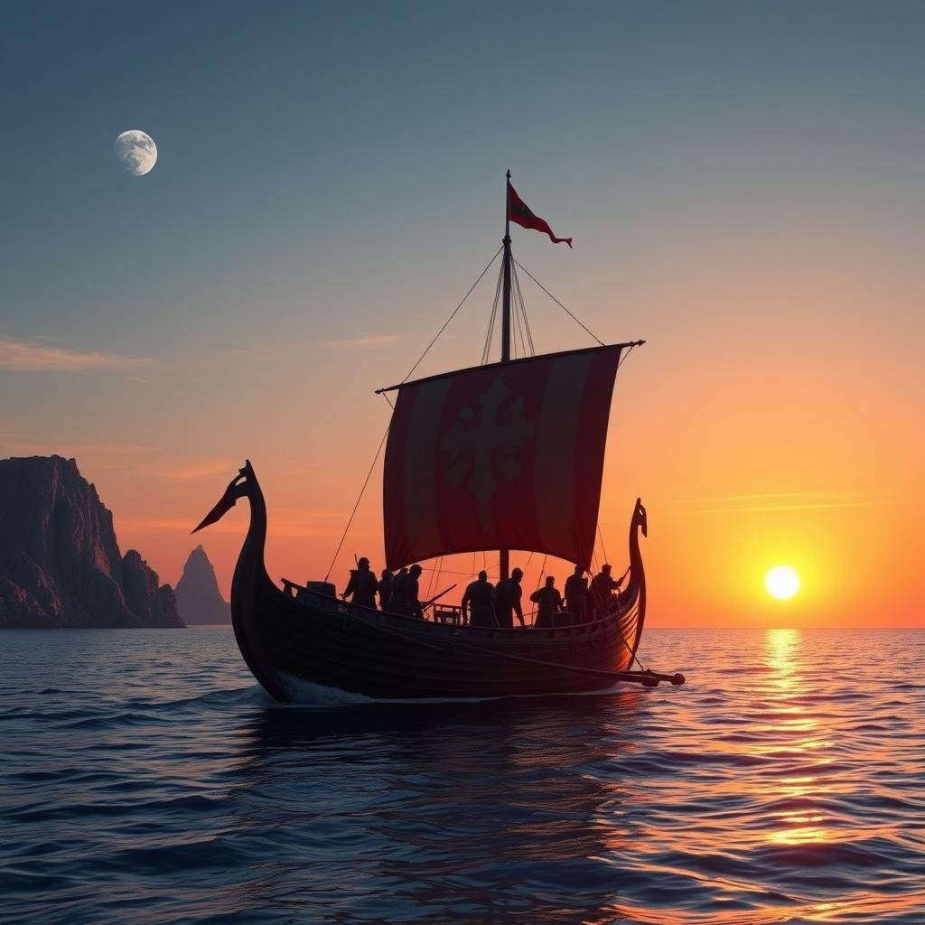 Viking Longship Sails Tranquil Waters at Sunset