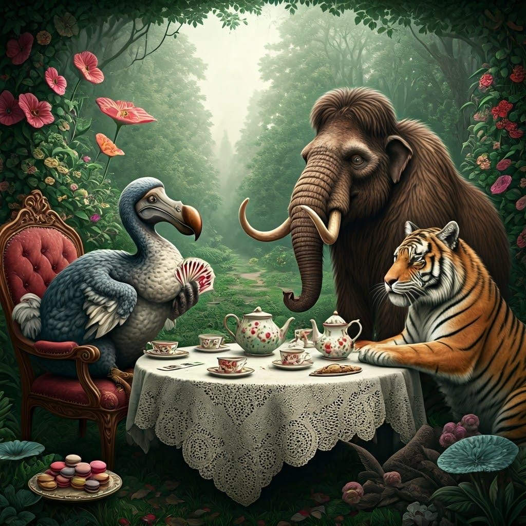 Vintage Wonderland Tea Party Scene with Fantastical Creature...