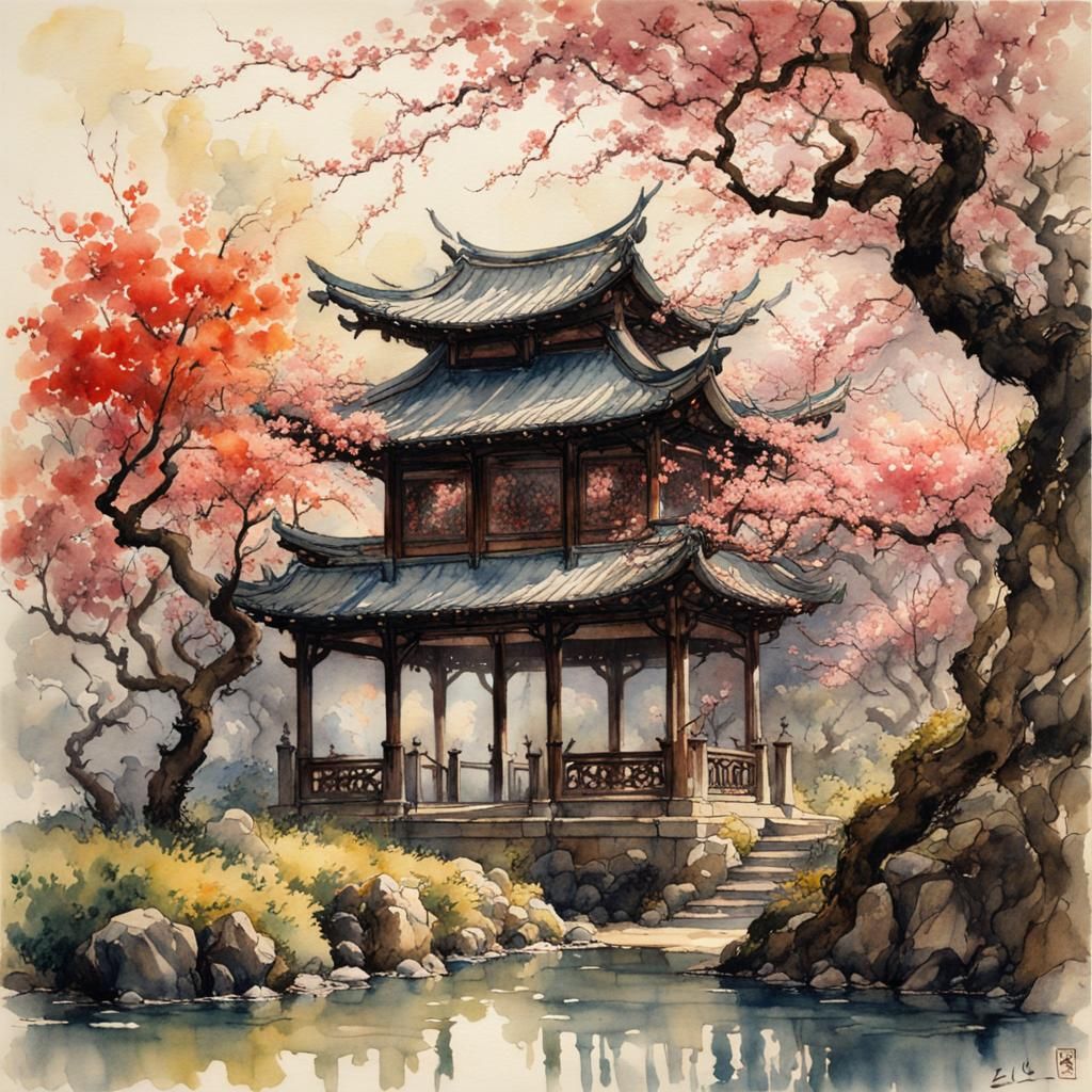 Pavilion Under Plum Blossoms: Watercolor Painting