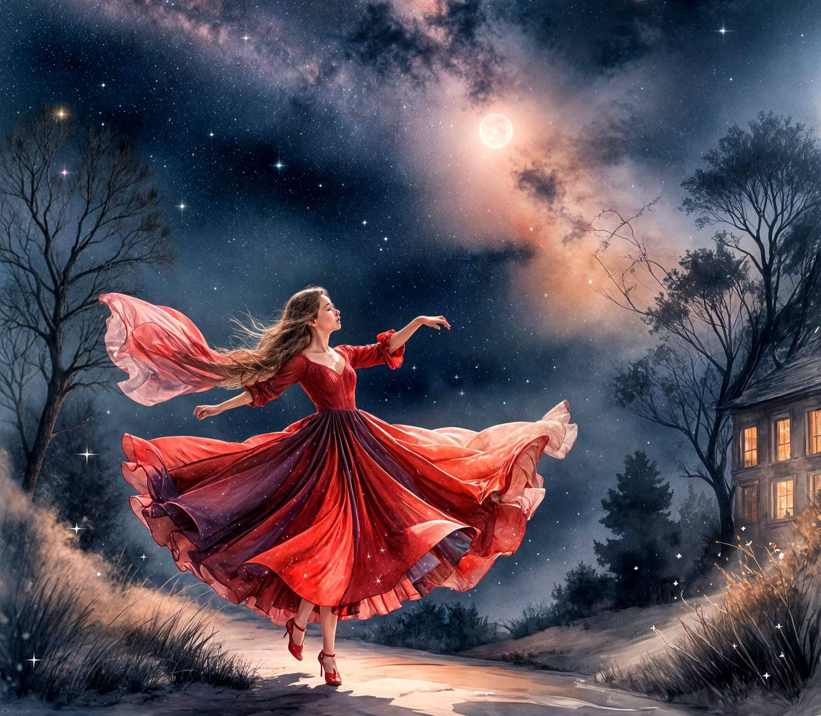 Girl Dancing Gracefully Under a Starlit Sky