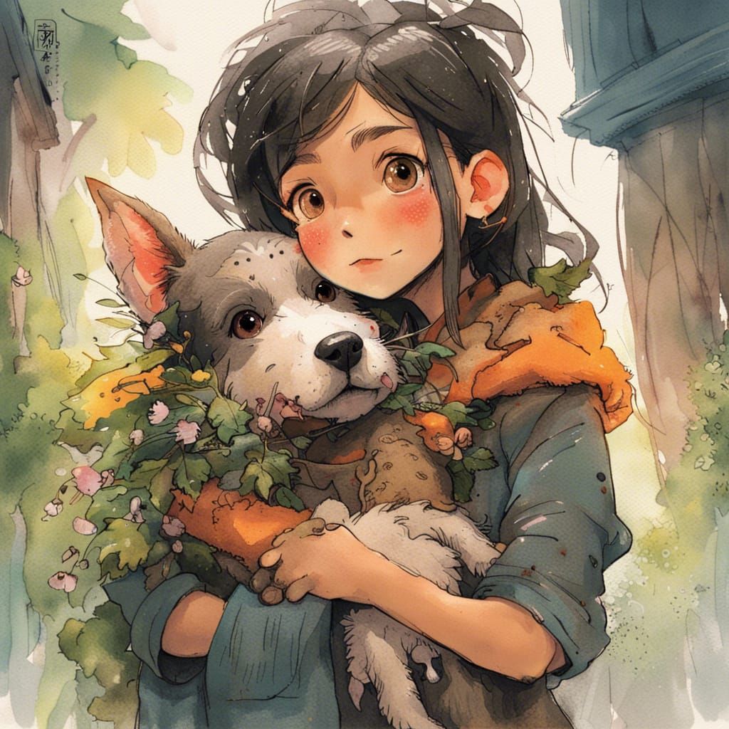 Girl Hugging Dog in Anime Style