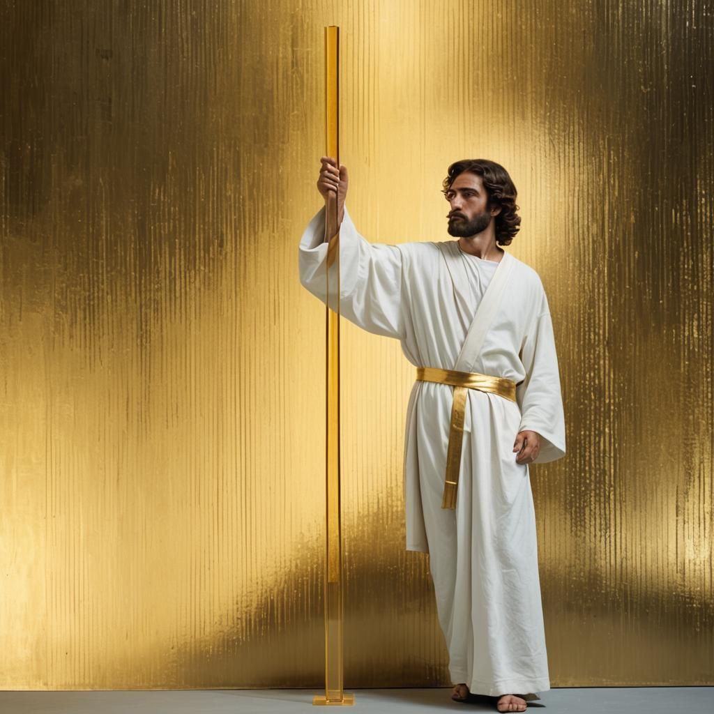 Ancient Man with Golden Rod Before Glass Wall