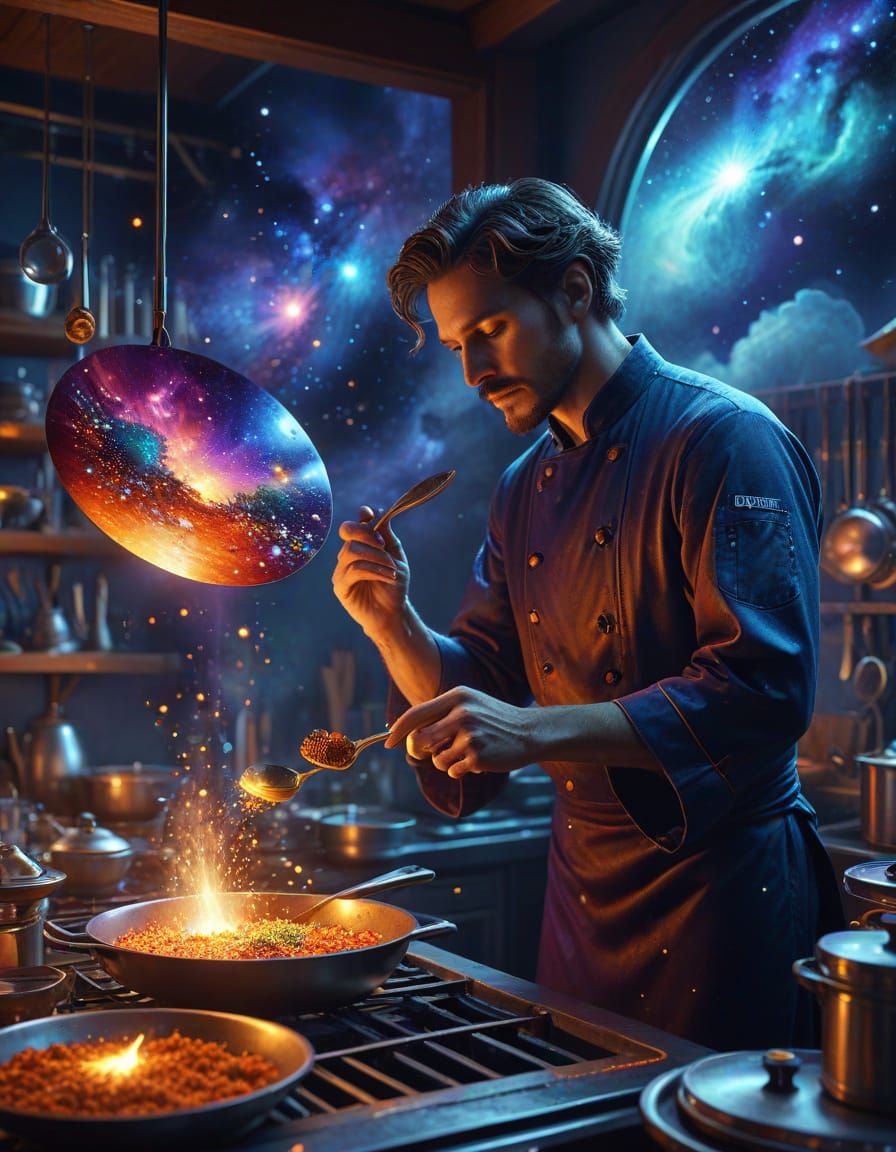 Celestial Chef in Art Nouveau Nebula Kitchen